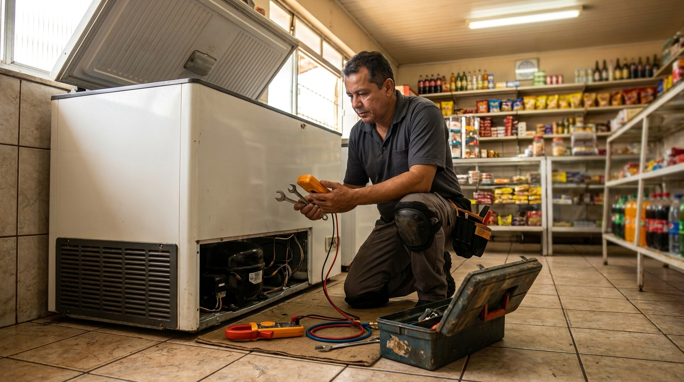 Profissional executando manutenção no motor de freezer em São José dos Campos‑SP