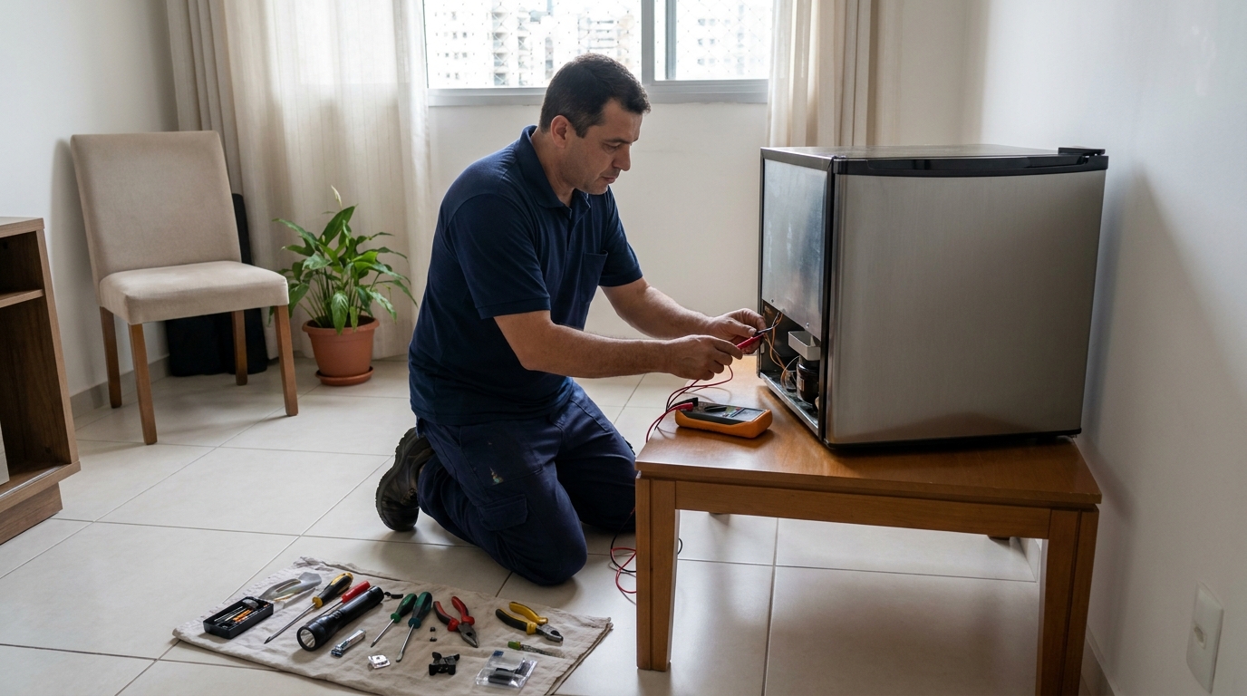 Técnico fazendo manutenção do motor de frigobar em São José dos Campos‑SP
