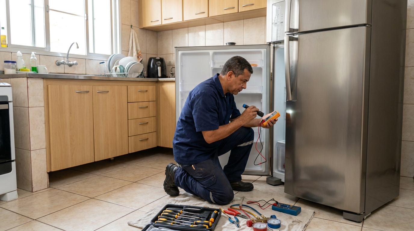 Técnico aplicando recarga de gás refrigerante em geladeira nos Altos do Uirá, São José dos Campos‑SP